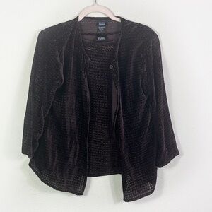 Eileen Fisher Silk Textured Sheer Velvet Cardigan + Tank Top Set dark brown sz L